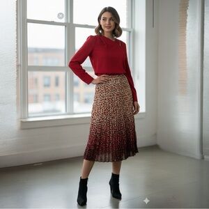 RAFAEL Red Cream pebbled Midi long Skirt Petite Pleated bottom flow unique Sz PM